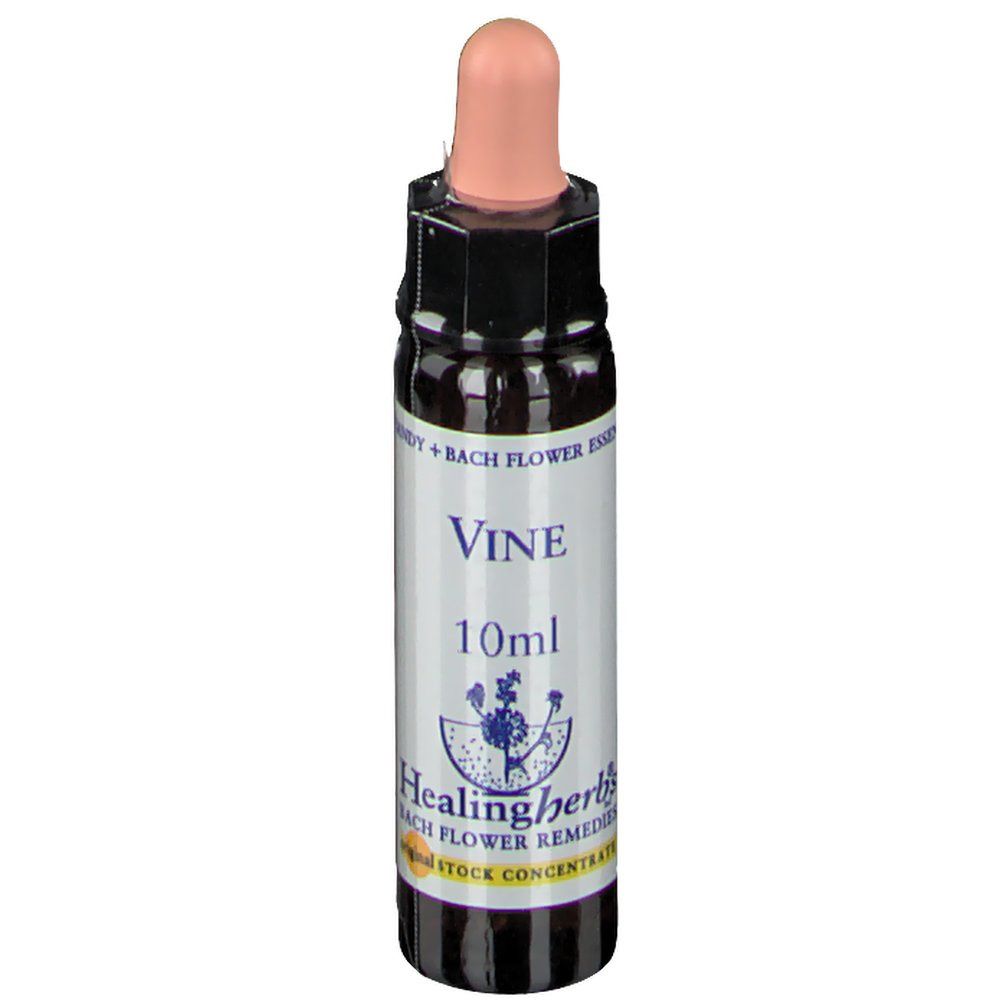 Flacon en verre brun avec compte-gouttes. Inscription: VINE, 10ml, Healing Herbs Bach Flower Remedies.