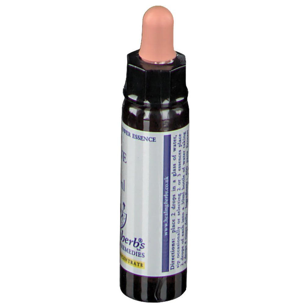 Flacon en verre brun avec compte-gouttes. Inscription: VINE, Healing Herbs Bach Flower Remedies. Texte au dos.