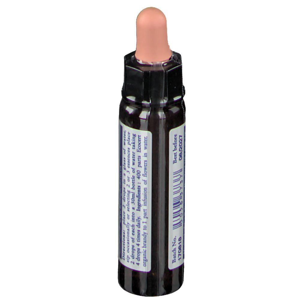 Flacon en verre brun avec compte-gouttes. Inscription: VINE, Healing Herbs Bach Flower Remedies. Texte au dos.