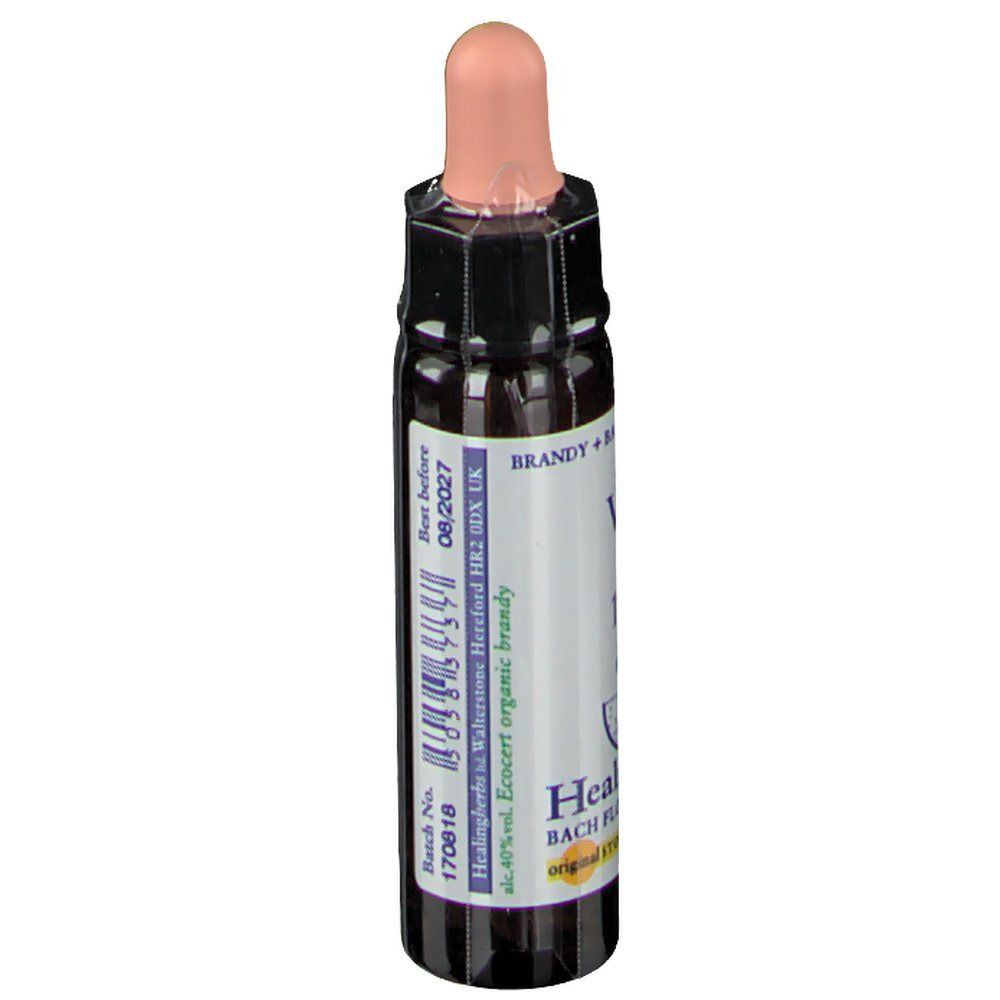 Flacon en verre brun avec compte-gouttes. Inscription: VINE, Healing Herbs Bach Flower Remedies. Date de péremption 08/2027.