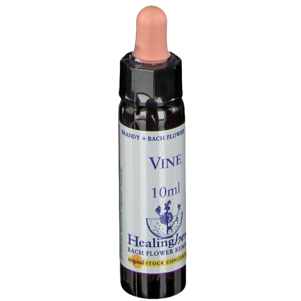 Flacon en verre brun avec compte-gouttes. Inscription: VINE, 10ml, Healing Herbs Bach Flower Remedies.