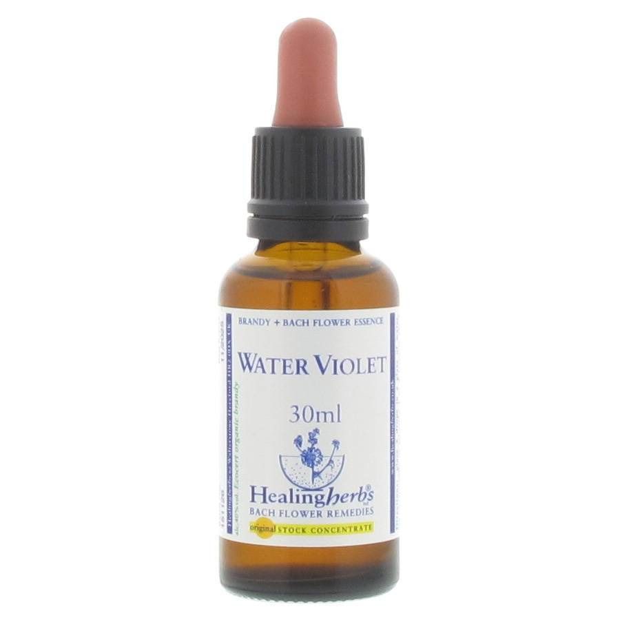 Bruine glazen fles met druppelaar. Etiket met "Water Violet" en "Healing Herbs".