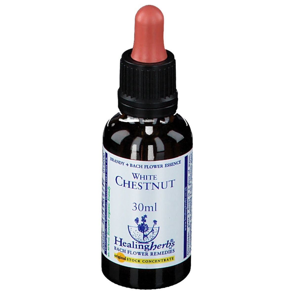 Flacon en verre brun avec pipette. Étiquette "White Chestnut" et "30ml". Marque: Healing Herbs.