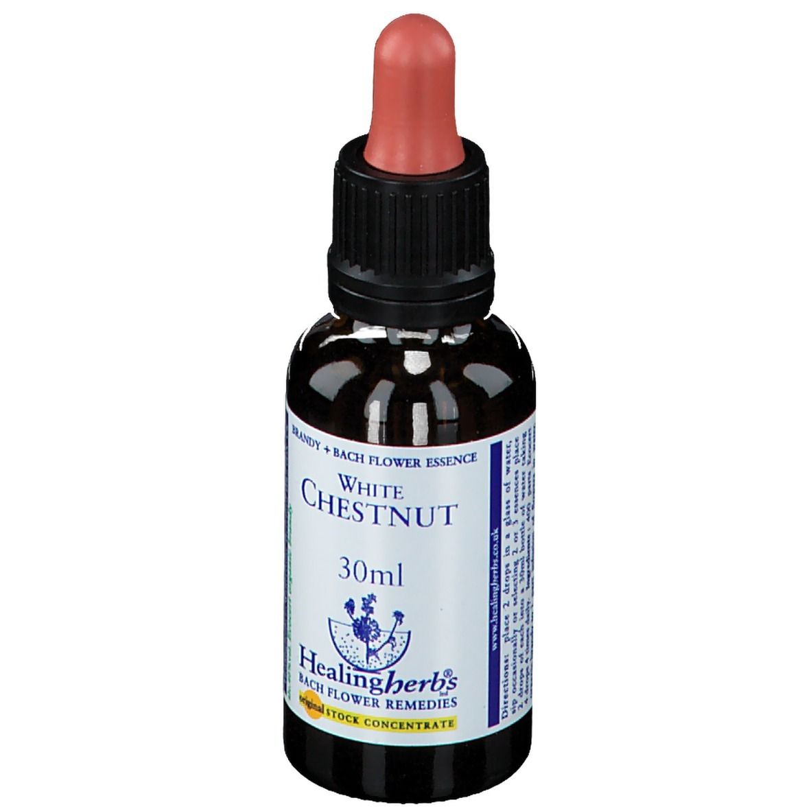 Flacon en verre brun avec pipette. Étiquette "White Chestnut" et "30ml". Marque: Healing Herbs.