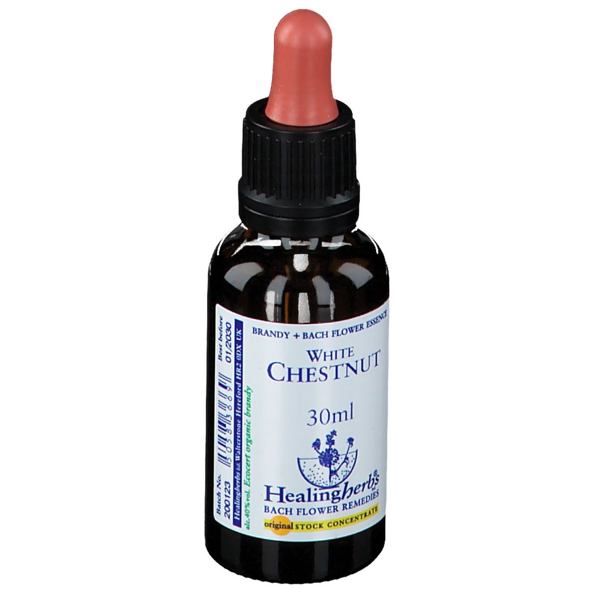 Flacon en verre brun avec pipette. Étiquette "White Chestnut" et "30ml". Marque: Healing Herbs.