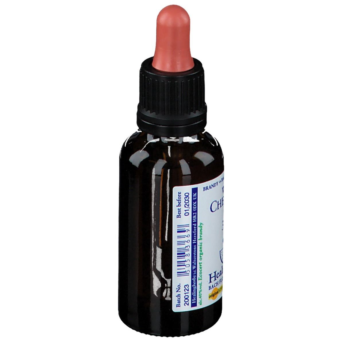 Flacon en verre brun avec pipette. Étiquette "White Chestnut" et "30ml". Marque: Healing Herbs.