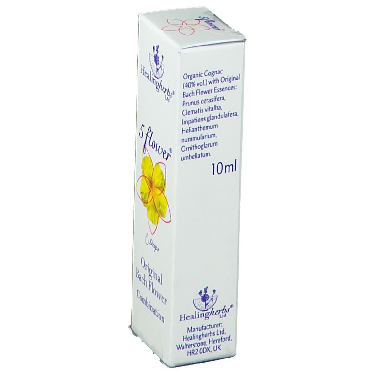 Scatola bianca con informazioni sul prodotto. Logo: Healingherbs®. Scritta: 5 flower, ingredienti, 10ml.
