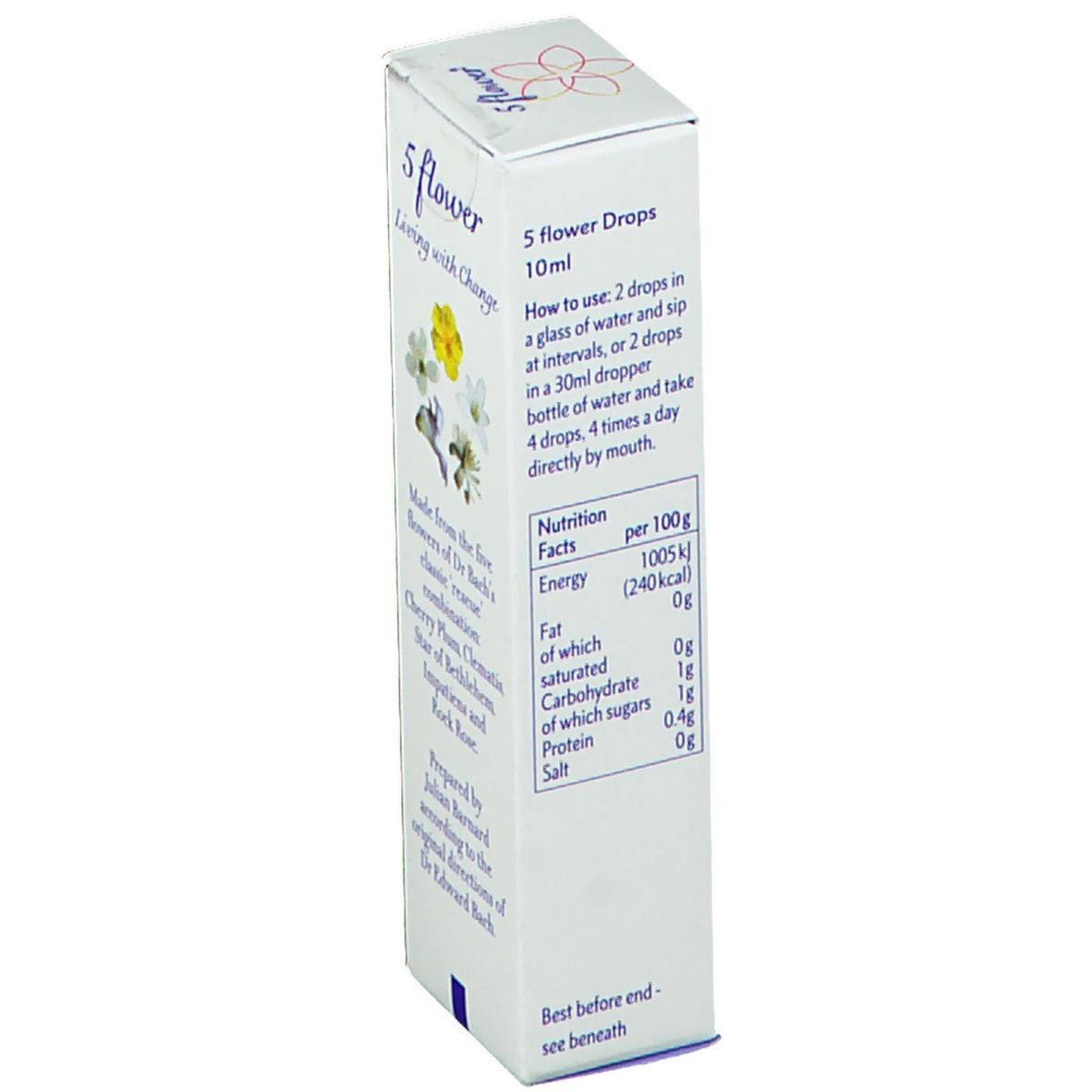 Scatola bianca con informazioni sul prodotto. Logo: Healingherbs®. Scritta: 5 flower, 10ml, informazioni nutrizionali.