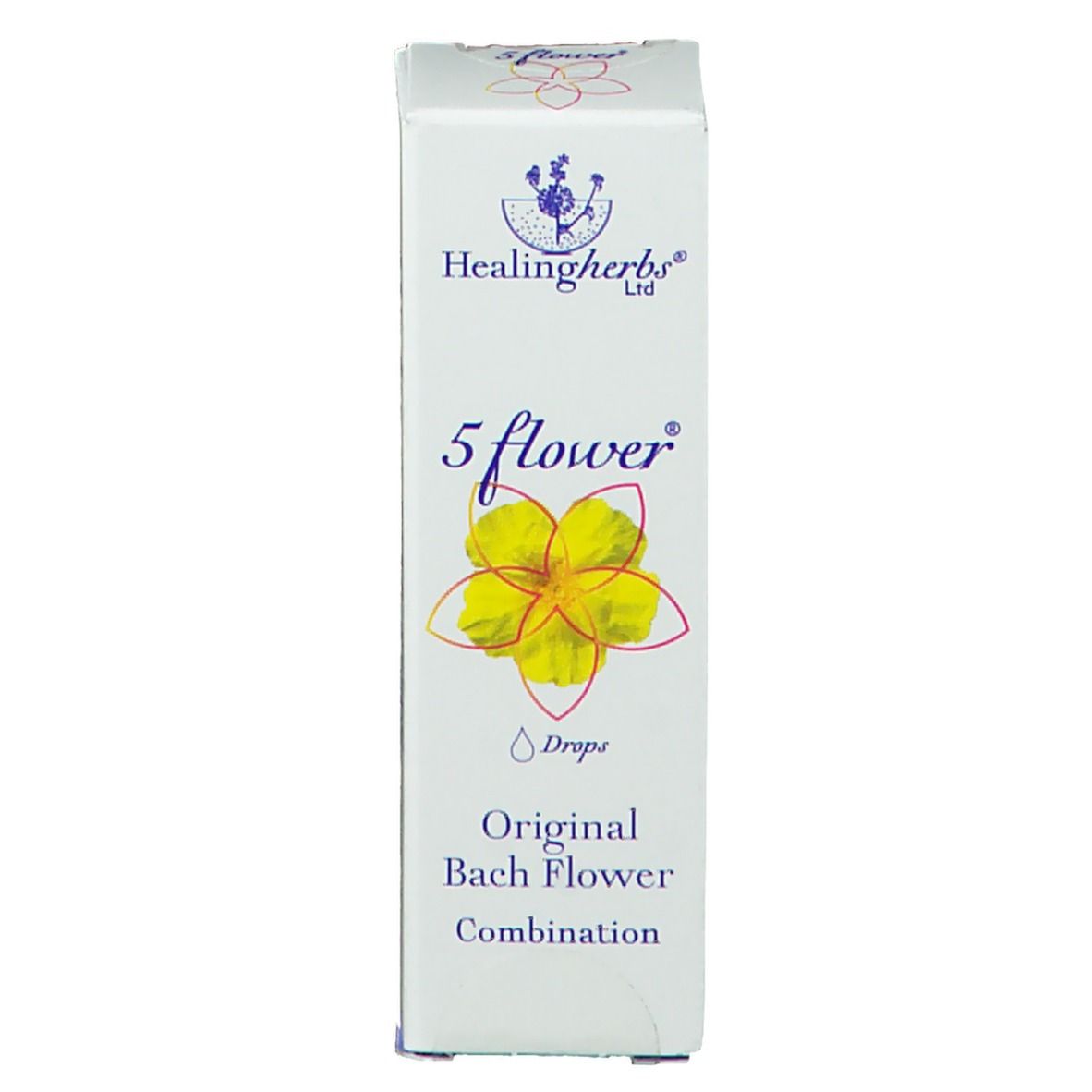 Scatola bianca con informazioni sul prodotto. Logo: Healingherbs®. Scritta: 5 flower, Original Bach Flower Combination.