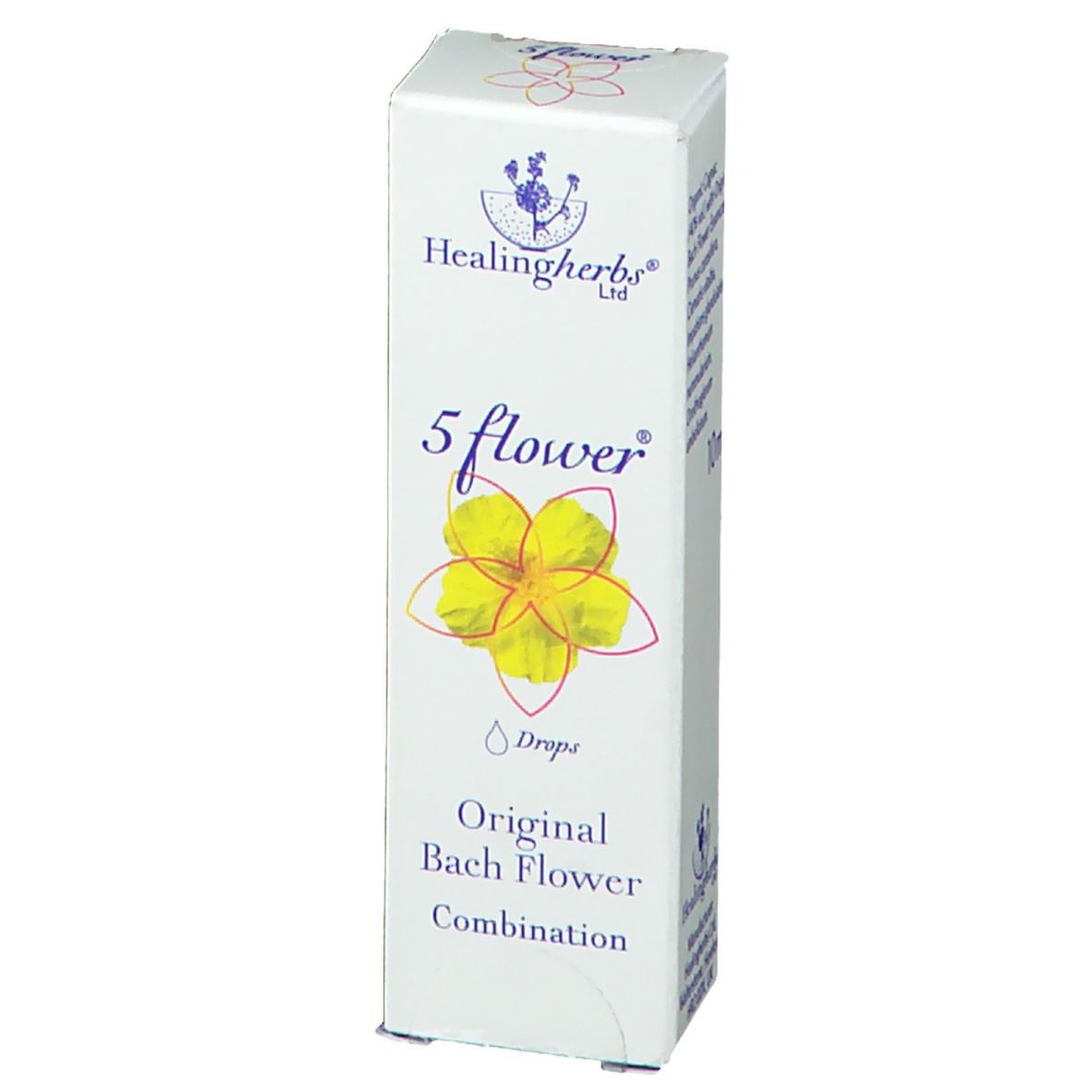 Scatola bianca con informazioni sul prodotto. Logo: Healingherbs®. Scritta: 5 flower, Original Bach Flower Combination.