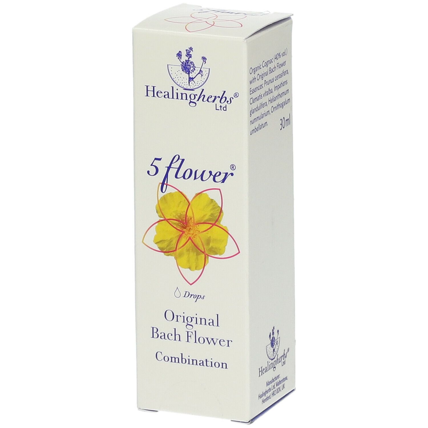 Boîte blanche avec impression du produit. Logo: Healingherbs. Inscription: 5 flower, Original Bach Flower Combination. Illustration d'une fleur.