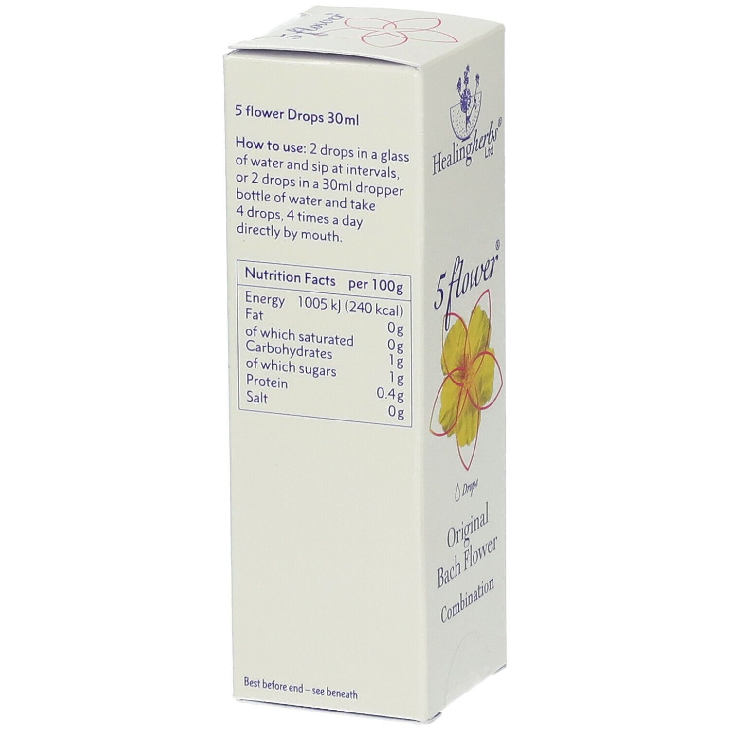 Boîte blanche, vue latérale. Inscription: 5 flower, Original Bach Flower Combination. Informations nutritionnelles. Mode d'emploi.