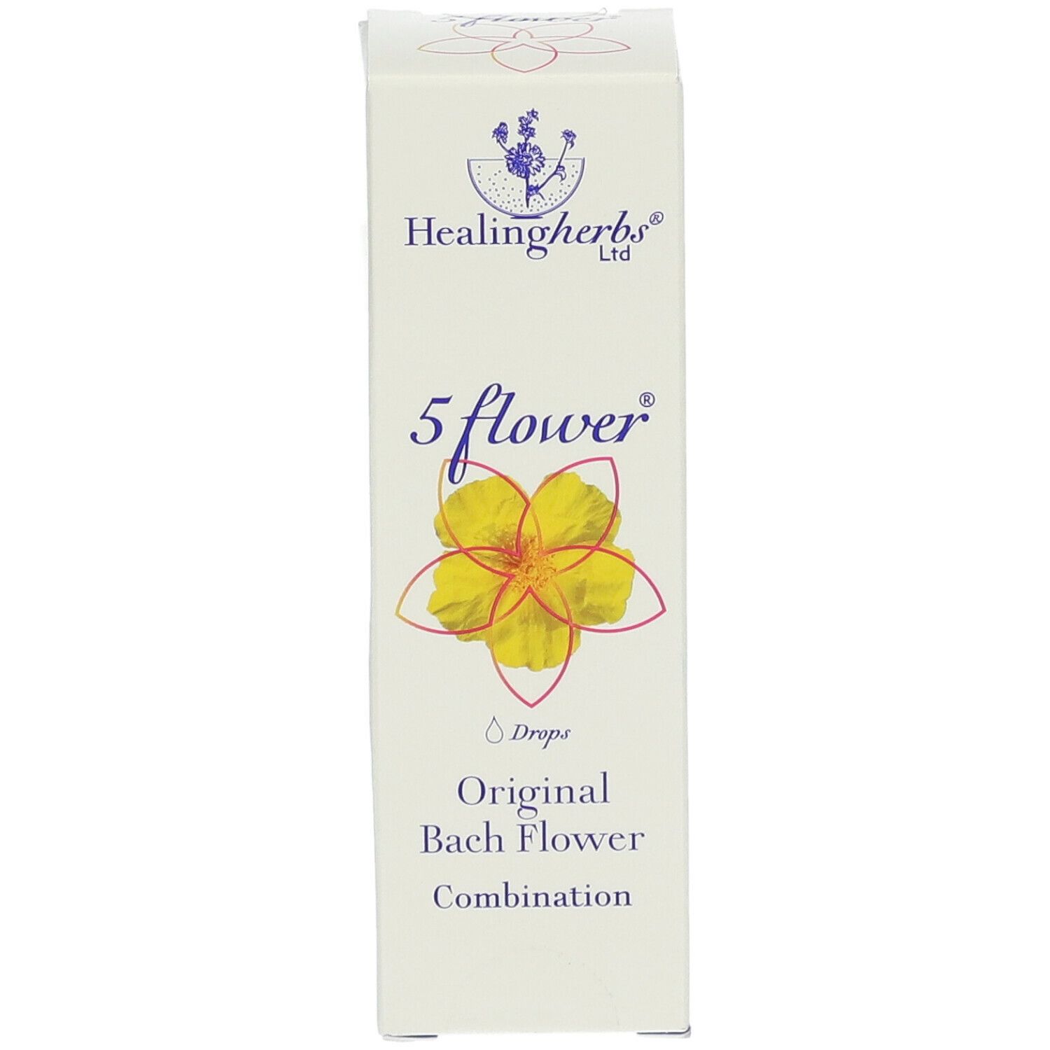 Boîte blanche avec impression du produit. Logo: Healingherbs. Inscription: 5 flower, Original Bach Flower Combination. Illustration d'une fleur.