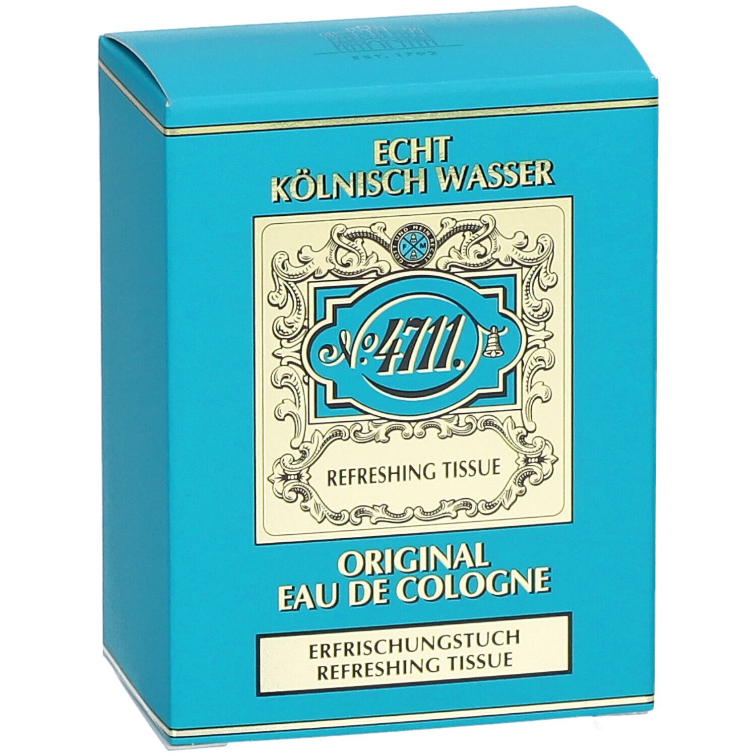 Boîte turquoise avec logo 'Echt Kölnisch Wasser' et '4711'. Contient des lingettes rafraîchissantes.