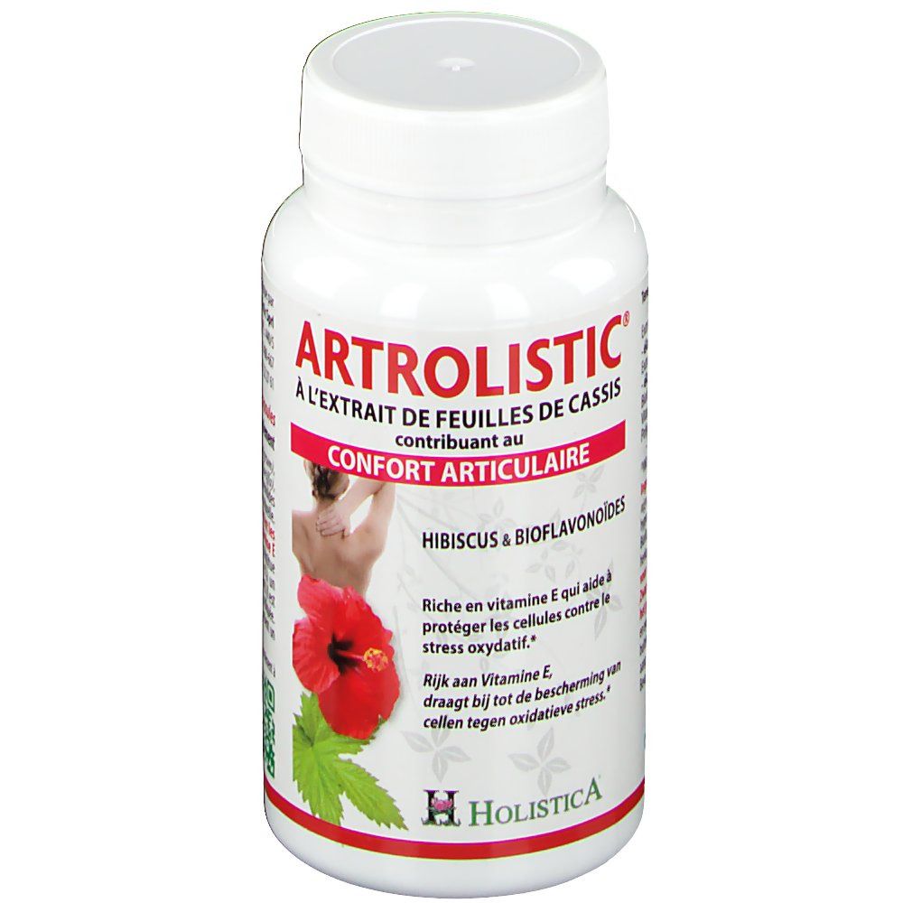 Flacon blanc avec texte rouge et blanc. ARTROLISTIC® et illustration d'hibiscus. Logo Holistica.