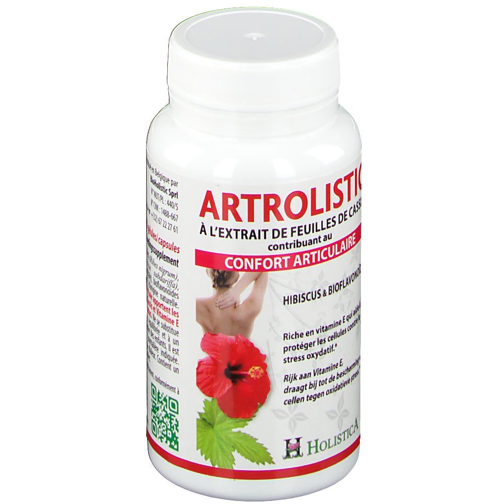 Flacon blanc avec texte rouge et blanc. ARTROLISTIC® et illustration d'hibiscus. Logo Holistica.