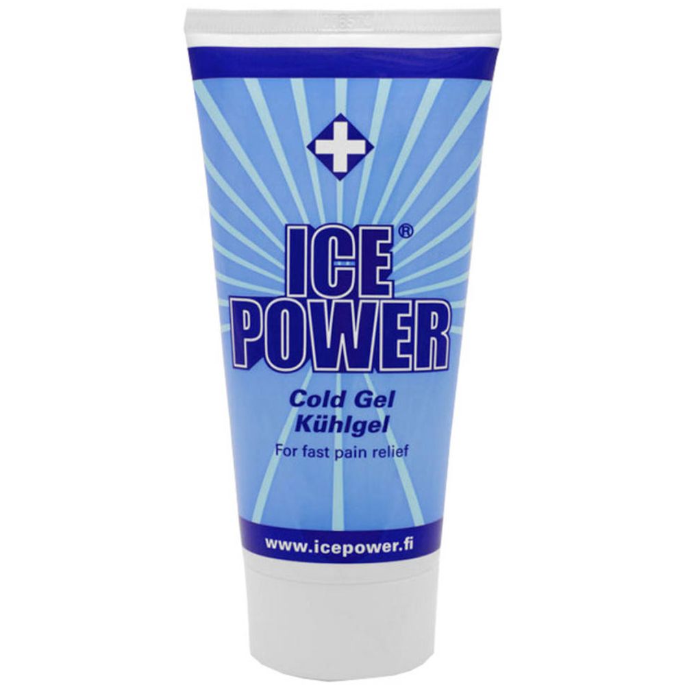 Blauw-witte tube met "ICE POWER" logo en tekst. "Cold Gel" en "Voor snelle pijnverlichting" zijn ook zichtbaar.