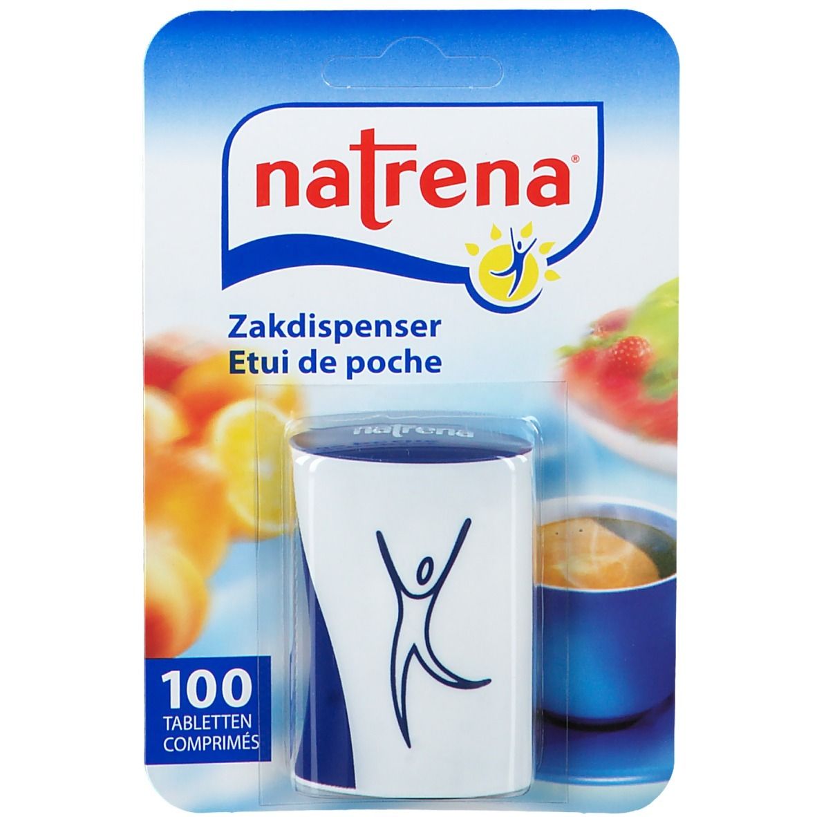 Distributeur de comprimés en blister. Distributeur blanc et bleu avec logo et personne. 100 comprimés. Fond : fruits et café.