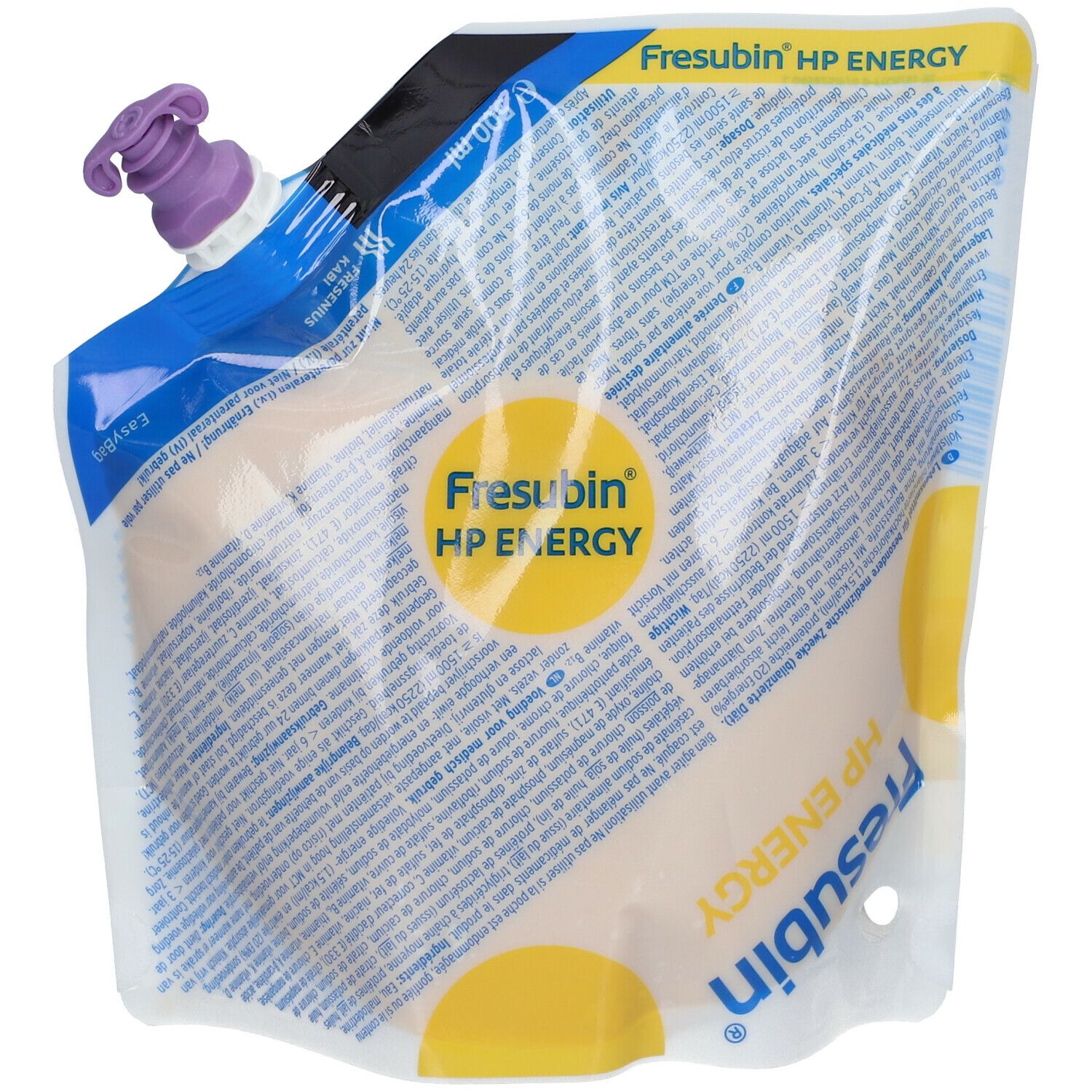 Sachet de Fresubin HP Energy. Impression du nom du produit et du logo. Bouchon violet. Emballage transparent.