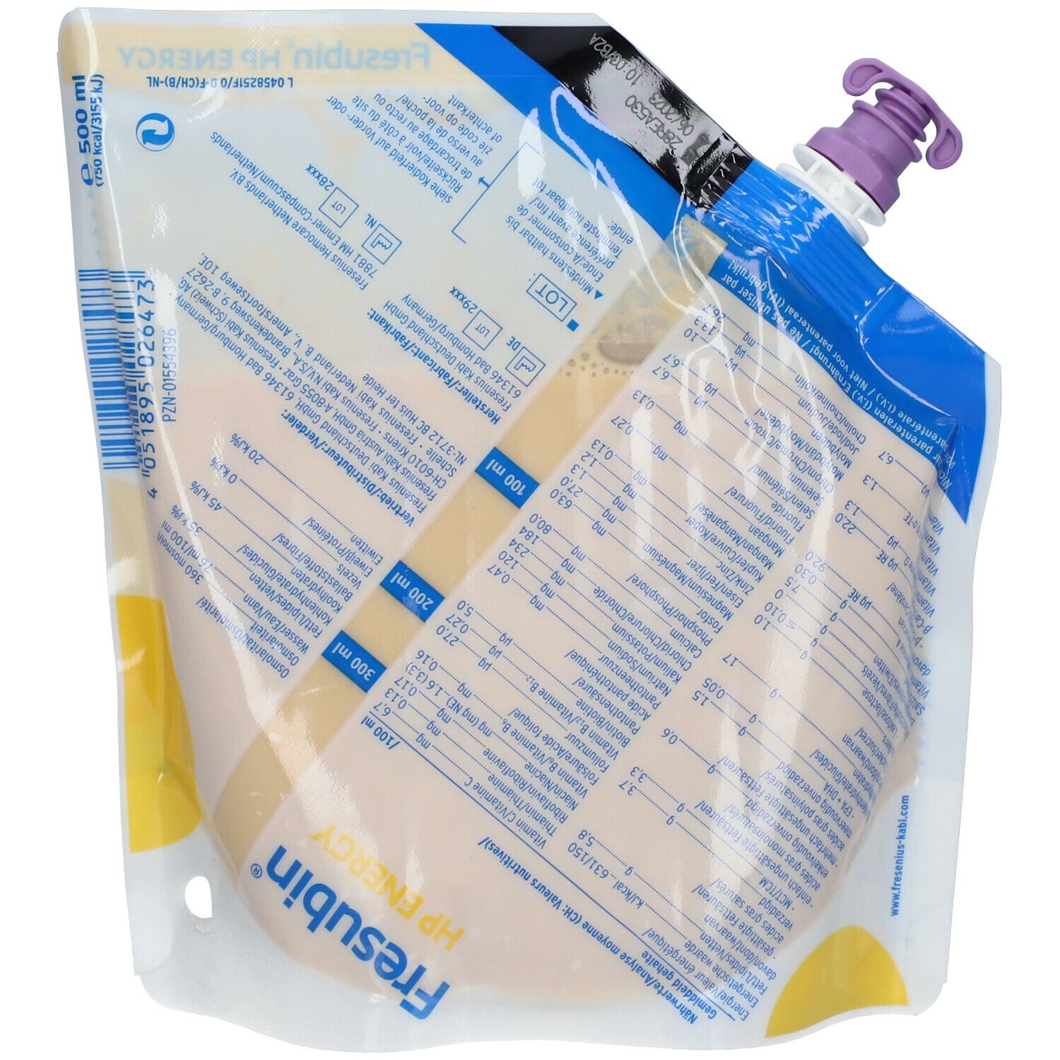 Sachet de Fresubin HP Energy. Impression du nom et du logo du produit. Bouchon violet. Échelle de mesure. Emballage transparent.