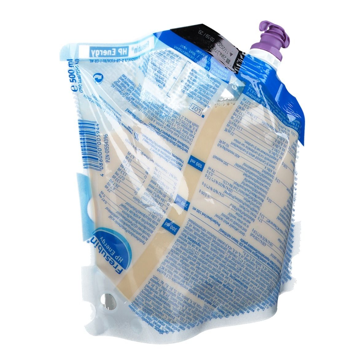 Sachet de Fresubin HP Energy. Impression du nom et du logo du produit. Bouchon violet. Emballage transparent. Vue de dessus.
