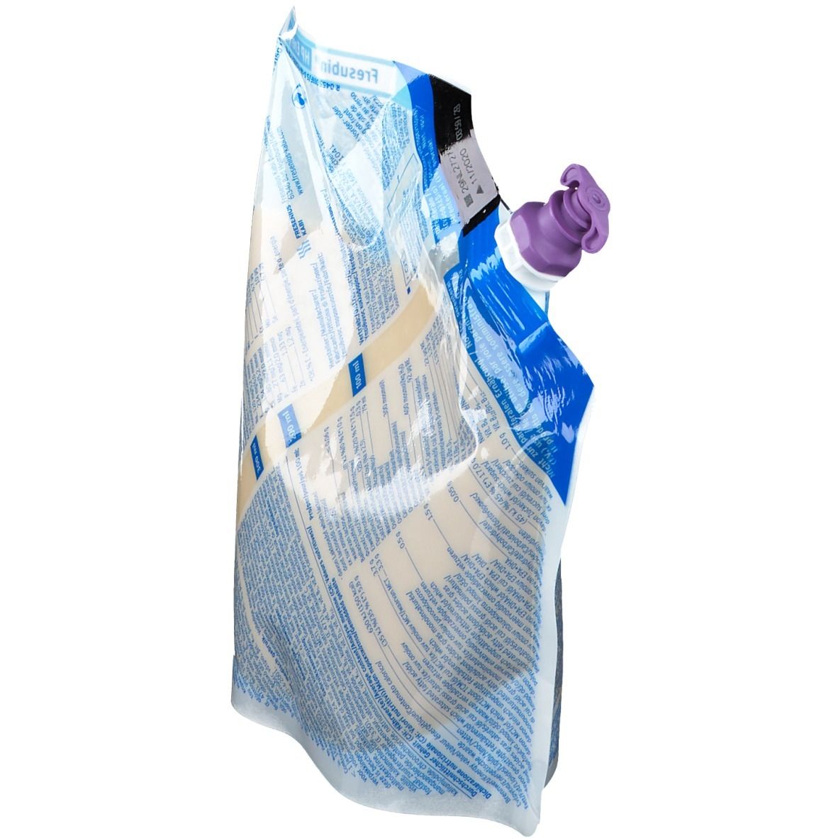 Sachet de Fresubin HP Energy. Bouchon violet. Emballage transparent. Vue de côté.