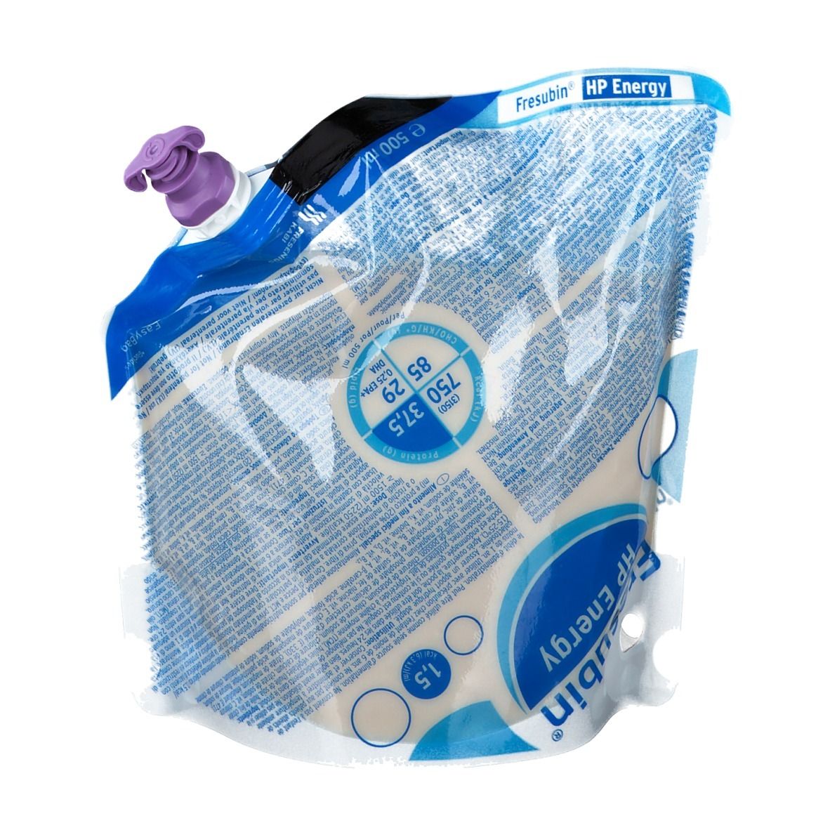 Sachet de Fresubin HP Energy. Impression du nom et du logo du produit. Bouchon violet. Cercles avec des chiffres.