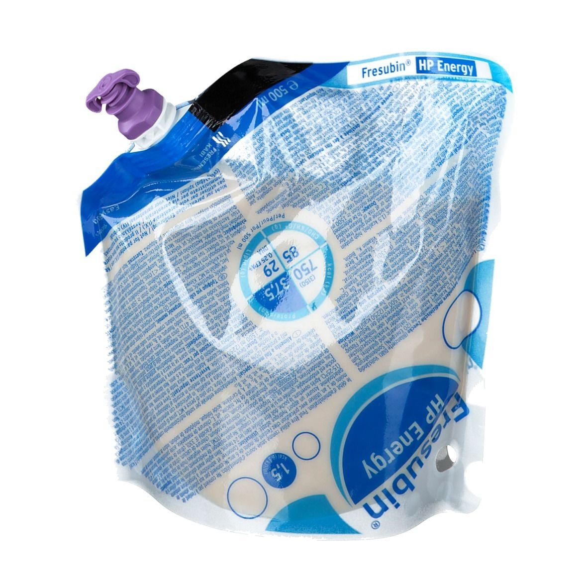 Sachet de Fresubin HP Energy. Impression du nom et du logo du produit. Bouchon violet. Cercles avec des chiffres.