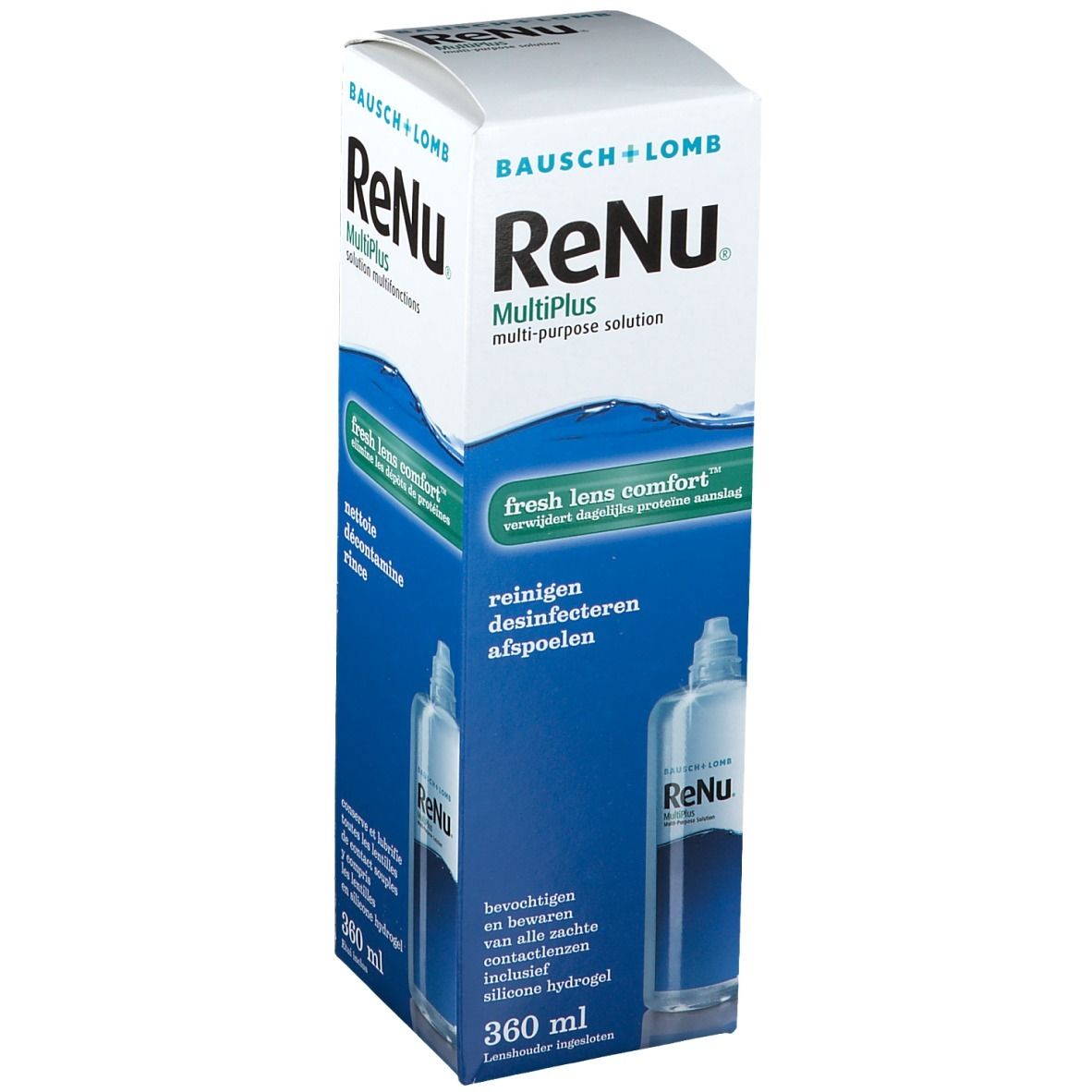 Verpakking Bausch + Lomb ReNu MultiPlus. Fles zichtbaar. Tekst: fresh lens comfort, reinigen, desinfizieren, abspülen. 360 ml.