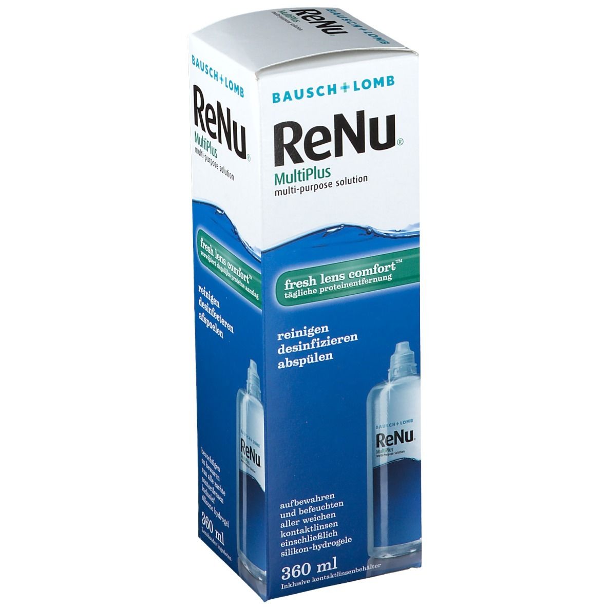 Verpakking Bausch + Lomb ReNu MultiPlus. Fles zichtbaar. Tekst: fresh lens comfort, reinigen, desinfizieren, abspülen. 360 ml.