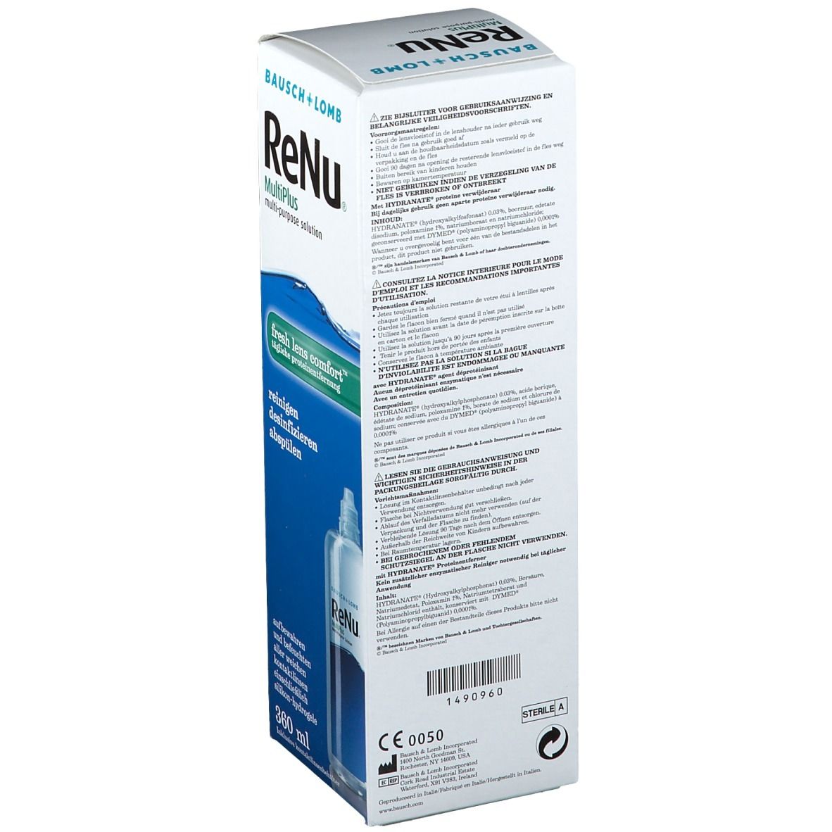 Achterkant verpakking ReNu MultiPlus. Tekst en informatie. Merk Bausch + Lomb. 360 ml. Steriele A-markering.