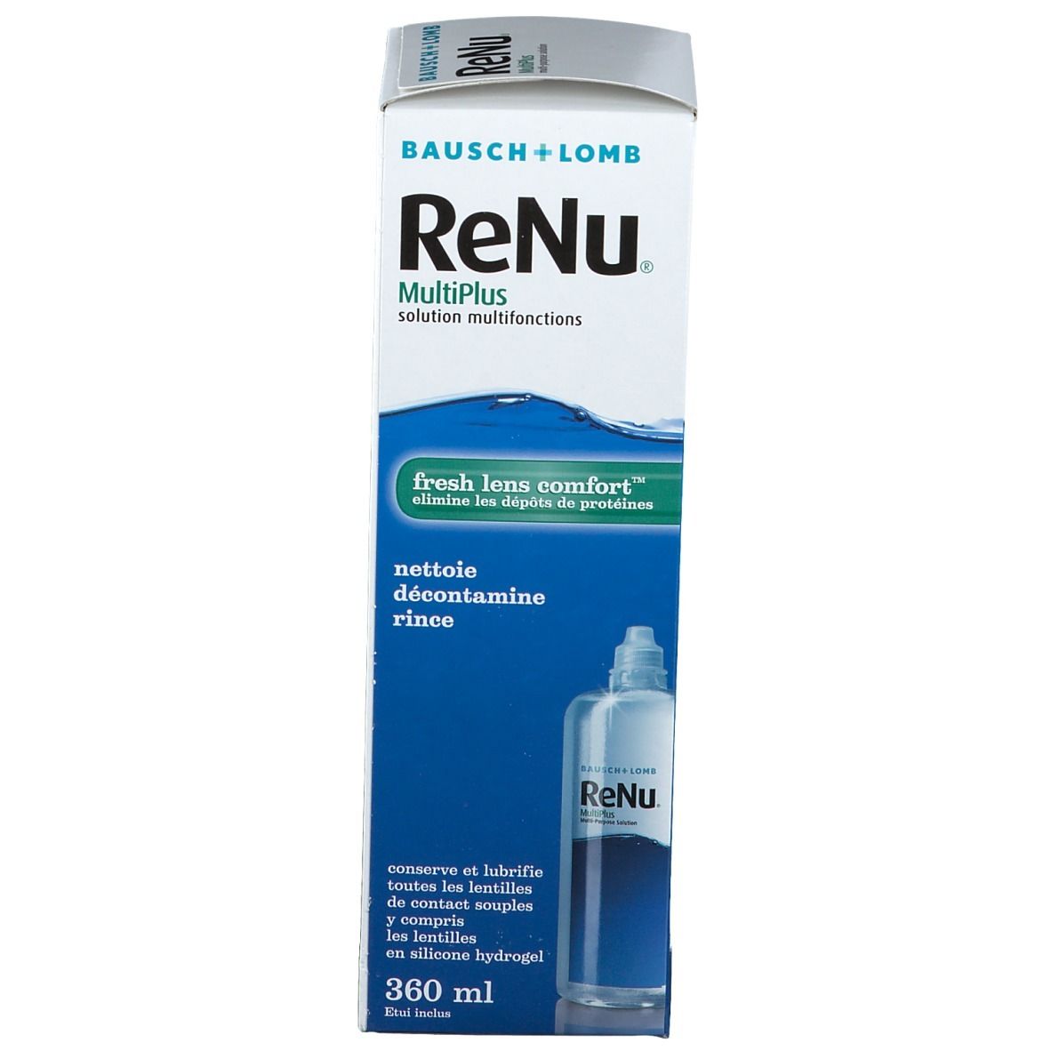 Verpakking Bausch + Lomb ReNu MultiPlus. Fles zichtbaar. Tekst: fresh lens comfort, nettoie, décontamine, rince. 360 ml.