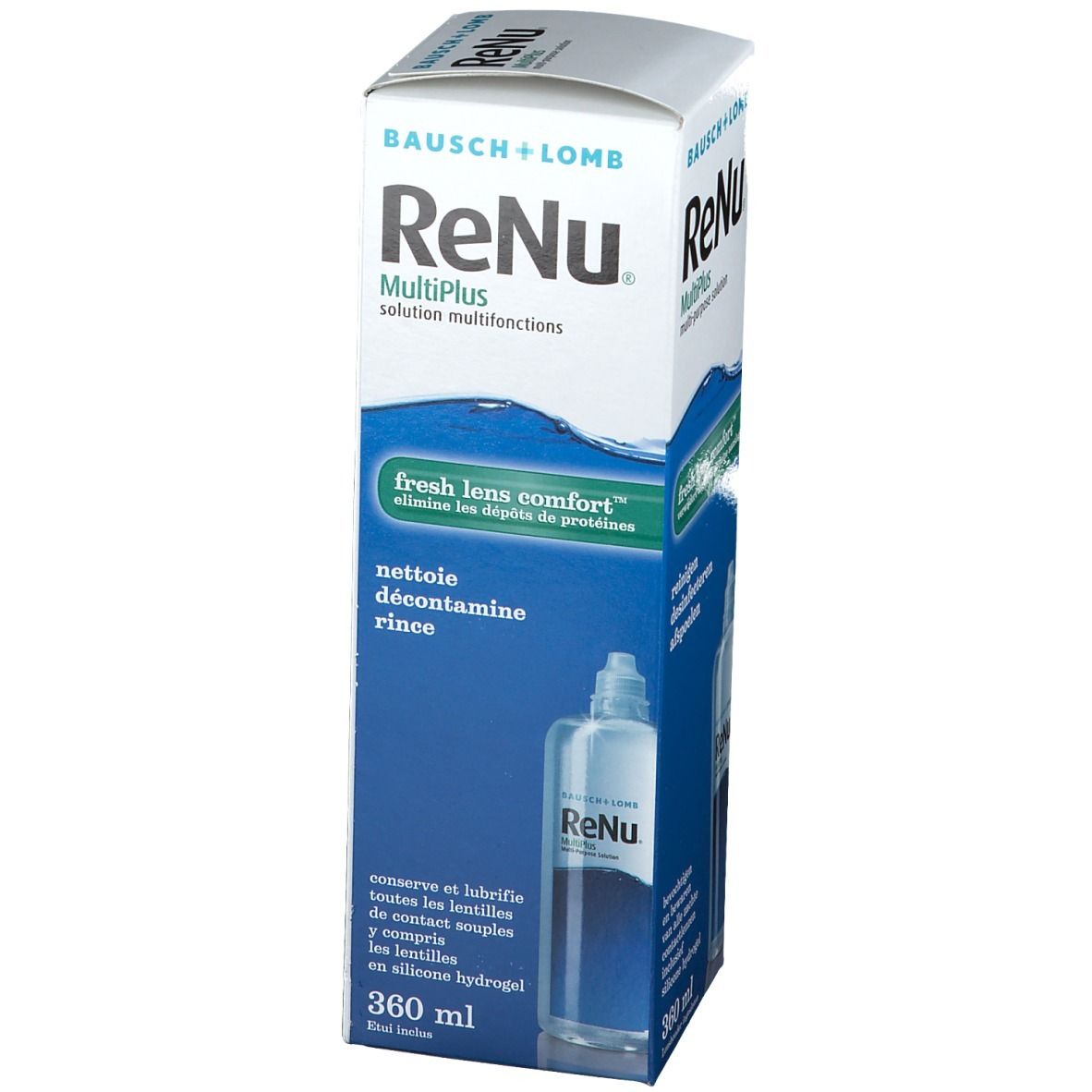 Verpakking Bausch + Lomb ReNu MultiPlus. Fles zichtbaar. Tekst: fresh lens comfort, nettoie, décontamine, rince. 360 ml.