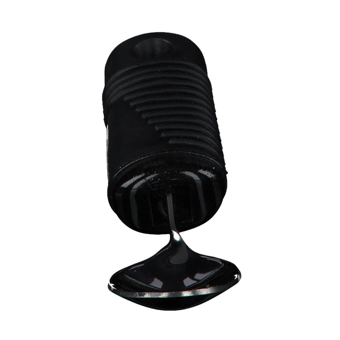 Cuillère flexible noire avec manche rainuré. La cuillère est inclinée vers le bas, montrant une surface brillante.