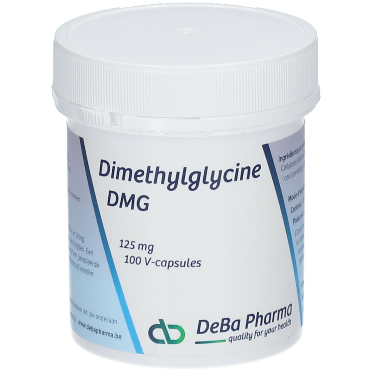 Boîte blanche avec Dimethylglycine DMG, 125 mg, 100 V-capsules. Logo DeBa Pharma.