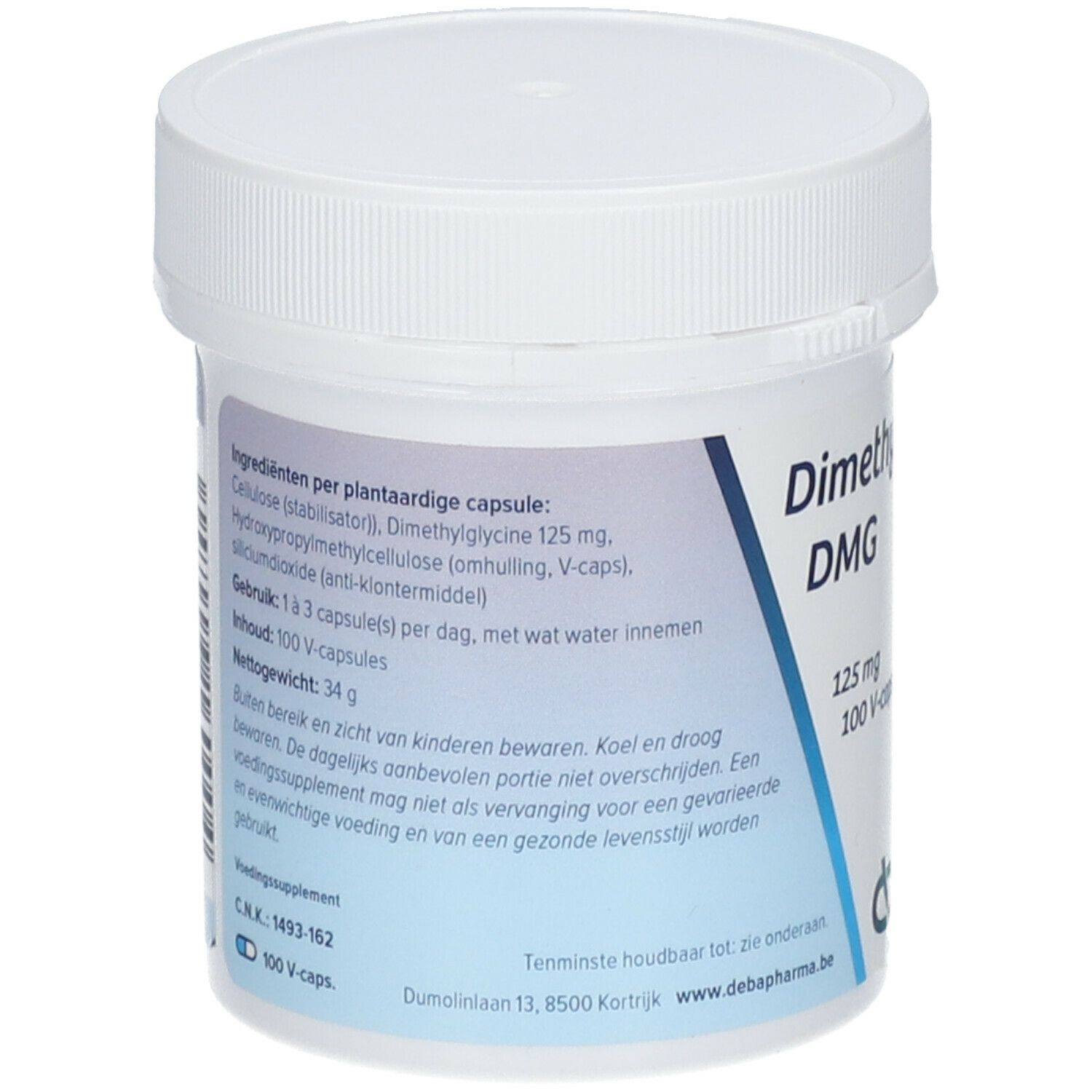 Dos de la boîte blanche. Ingrédients, dosage, poids net 34g, avertissements. DeBa Pharma.