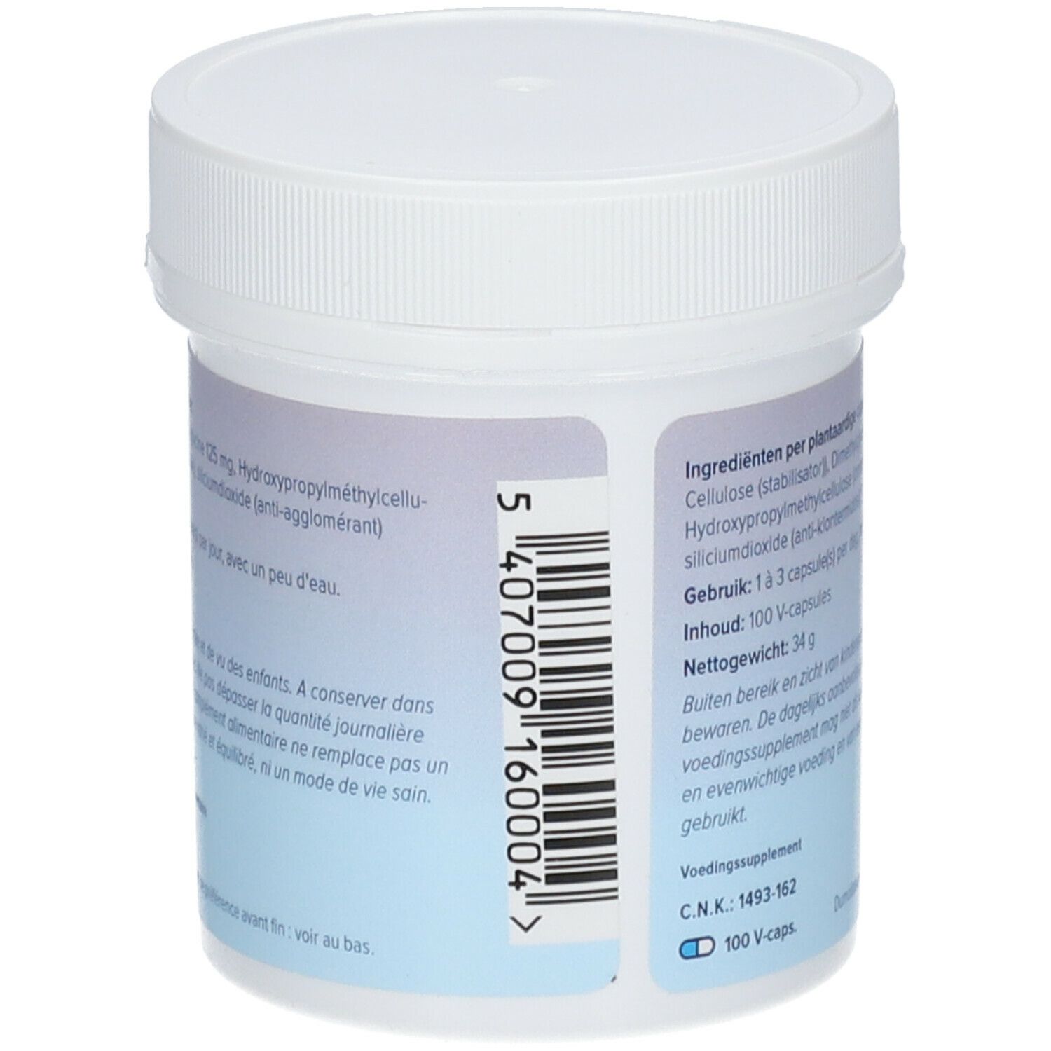 Dos de la boîte blanche. Ingrédients, dosage, poids net, avertissements. Code-barres et numéro de lot.