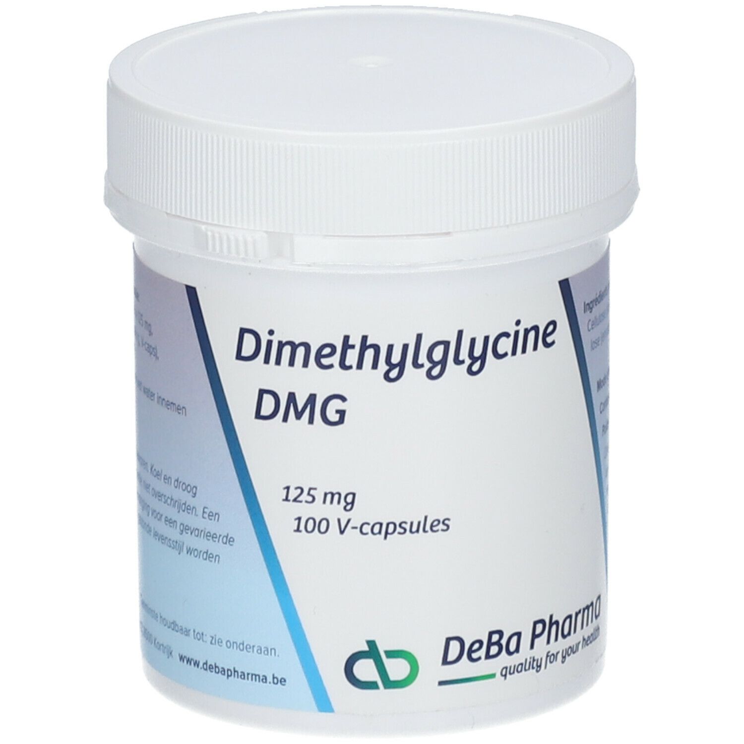 Boîte blanche avec Dimethylglycine DMG, 125 mg, 100 V-capsules. Logo DeBa Pharma.