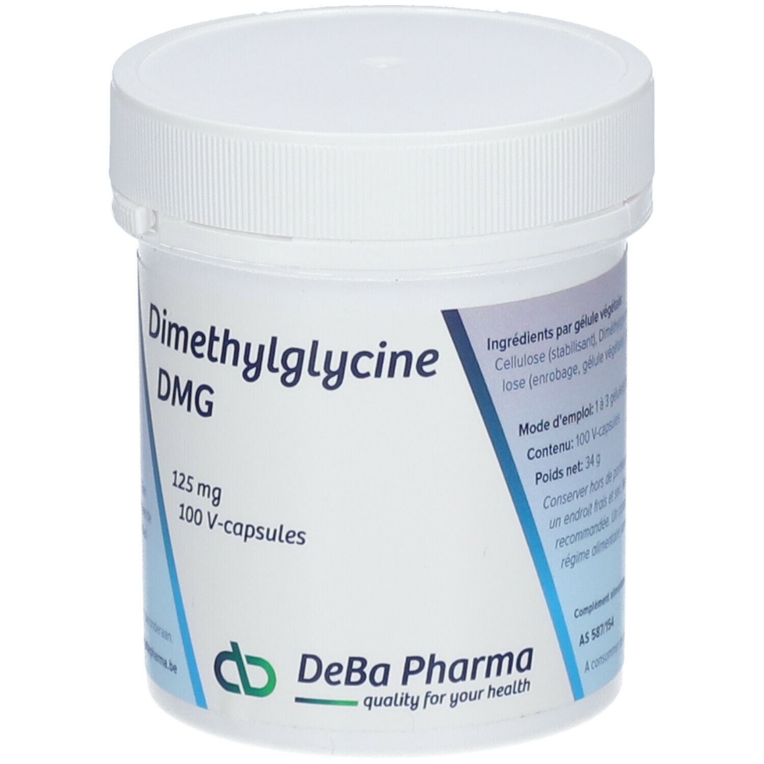Boîte blanche avec Dimethylglycine DMG, 125 mg, 100 V-capsules. Logo DeBa Pharma.