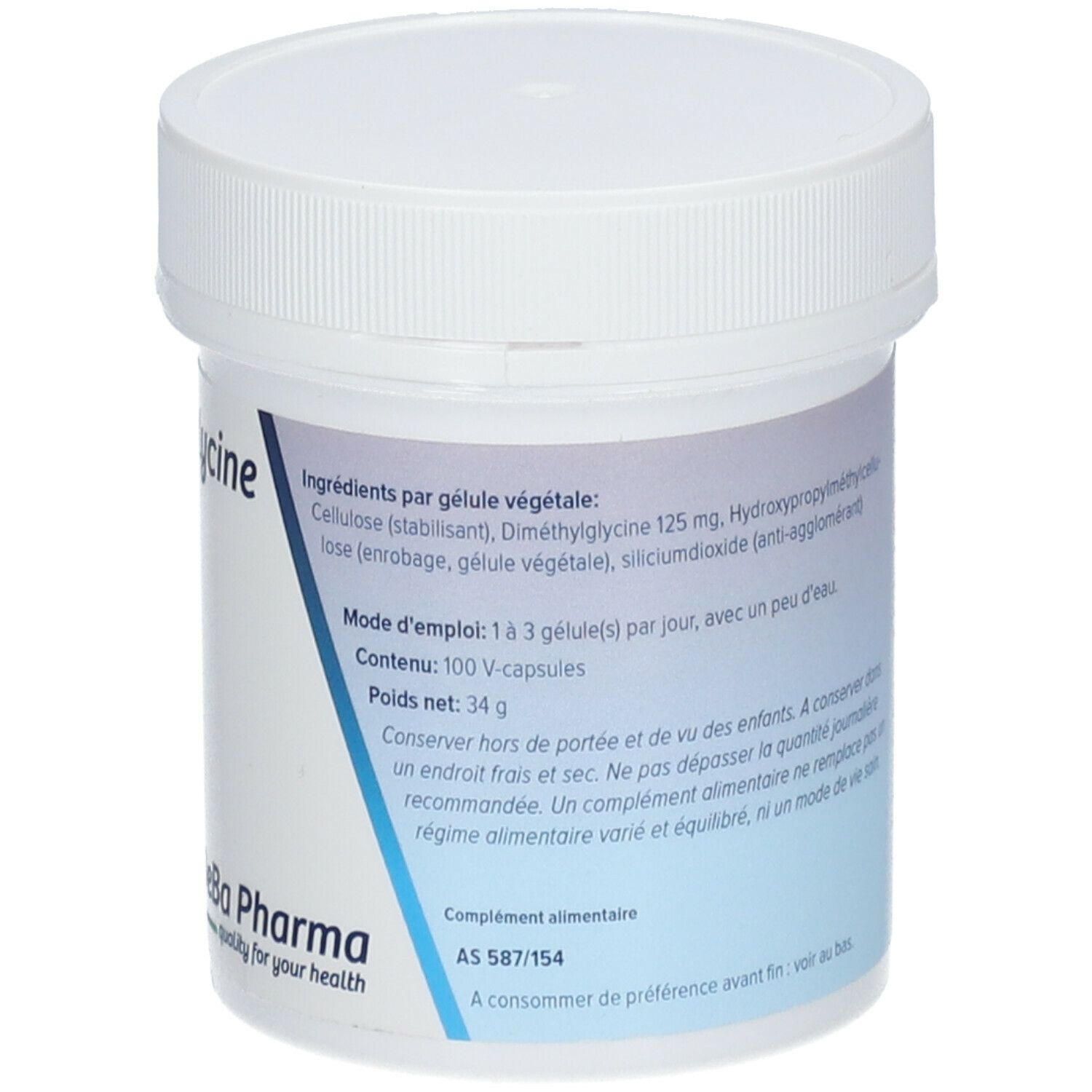 Dos de la boîte blanche. Ingrédients, dosage, poids net, avertissements. Numéro de lot.