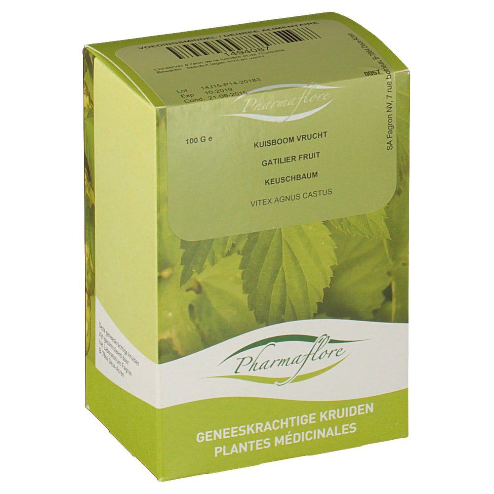 Boîte verte Pharmaflore. Contient Gattilier Fruit. Texte en néerlandais et français.