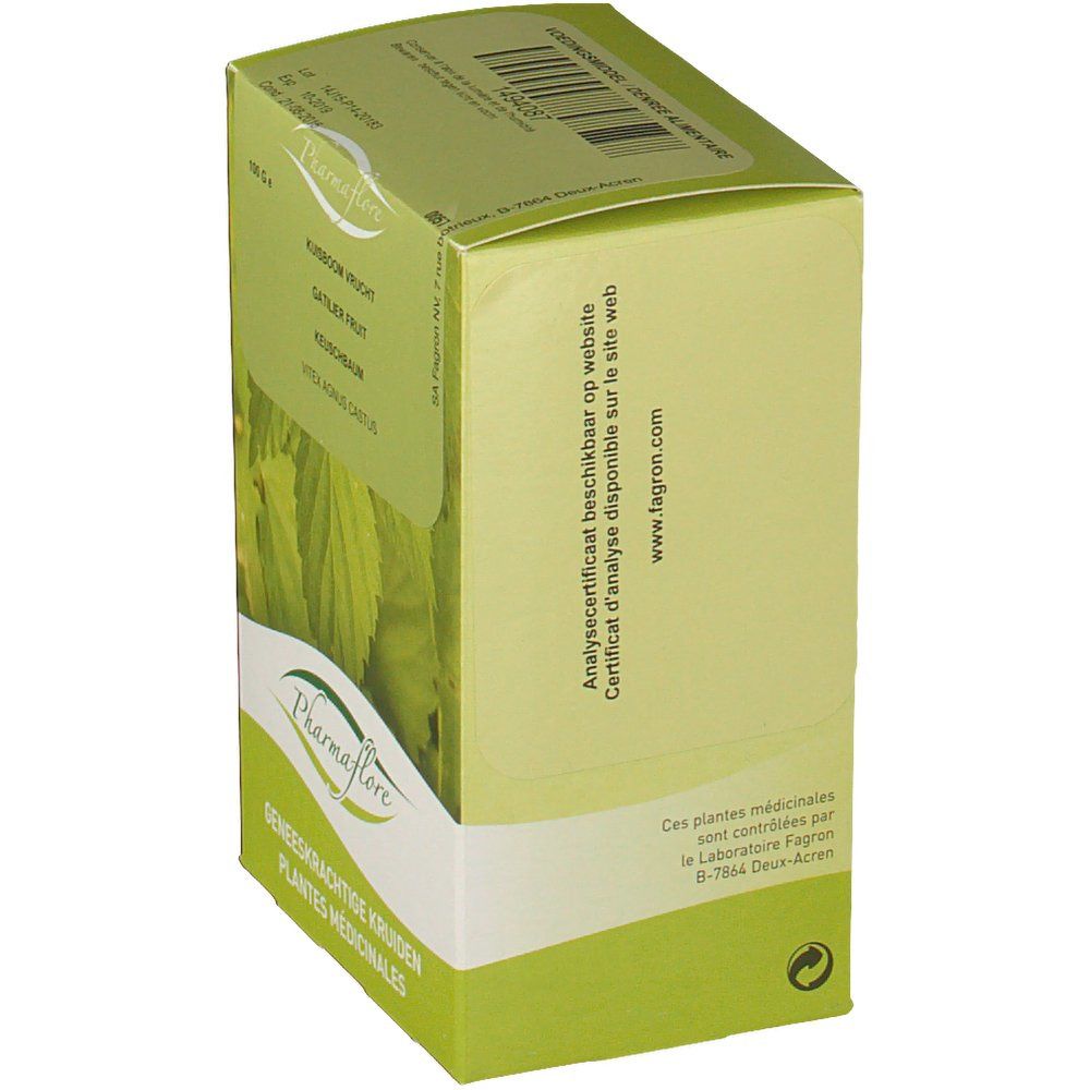 Boîte verte Pharmaflore. Contient Gattilier Fruit. Texte en néerlandais et français.
