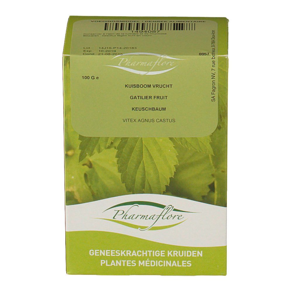 Boîte verte Pharmaflore. Contient Gattilier Fruit. Texte en néerlandais et français.