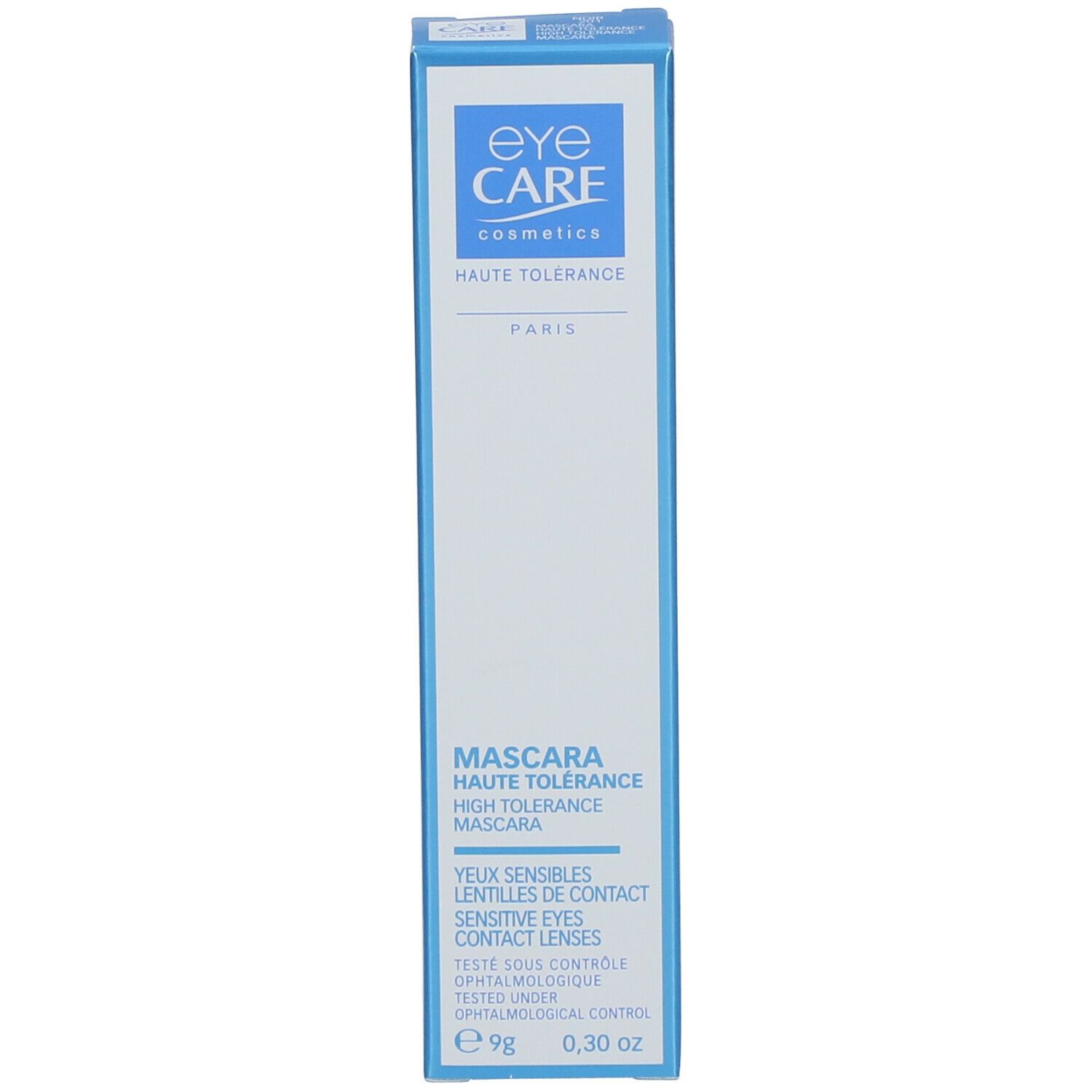 Blauwe verpakking met witte mascarahuls. Tekst: Mascara Haute Tolérance, 9g, 0,30 oz.