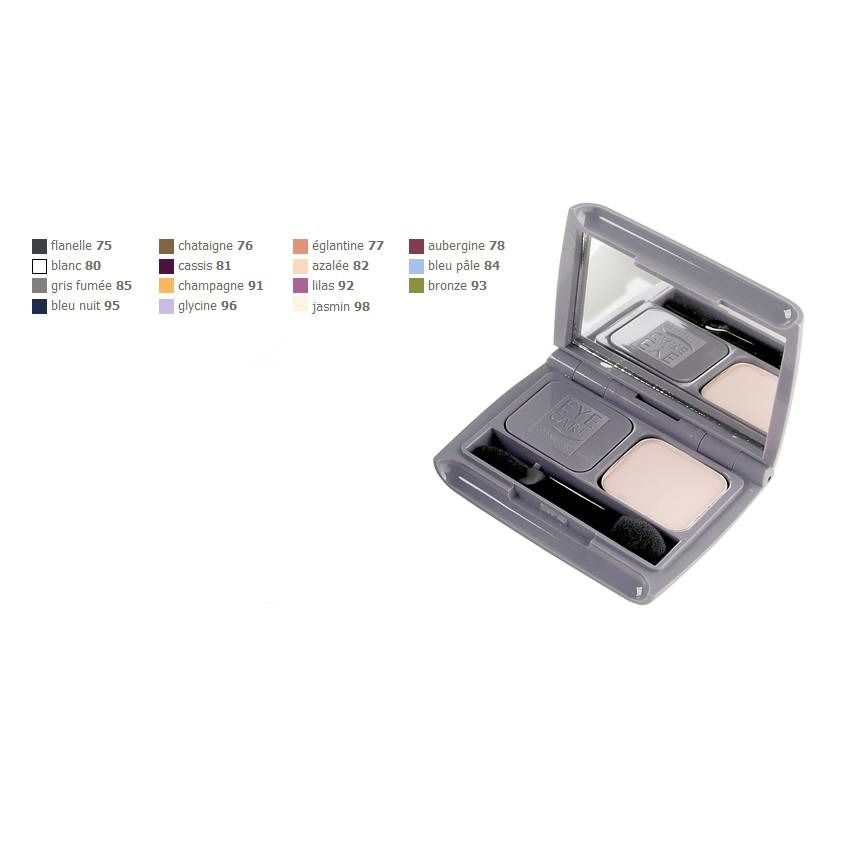Palette de fards à paupières ouverte avec miroir et applicateur. Deux teintes, emballage gris.