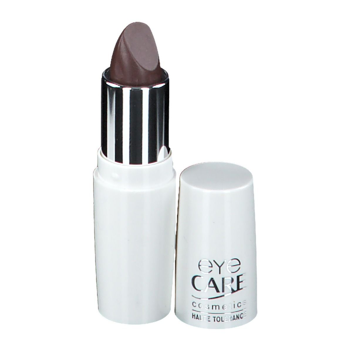 Rouge à lèvres marron clair, pointe arrondie, dans un étui blanc avec bague argentée. Capuchon à côté. "EYE CARE cosmetics" sur le capuchon.