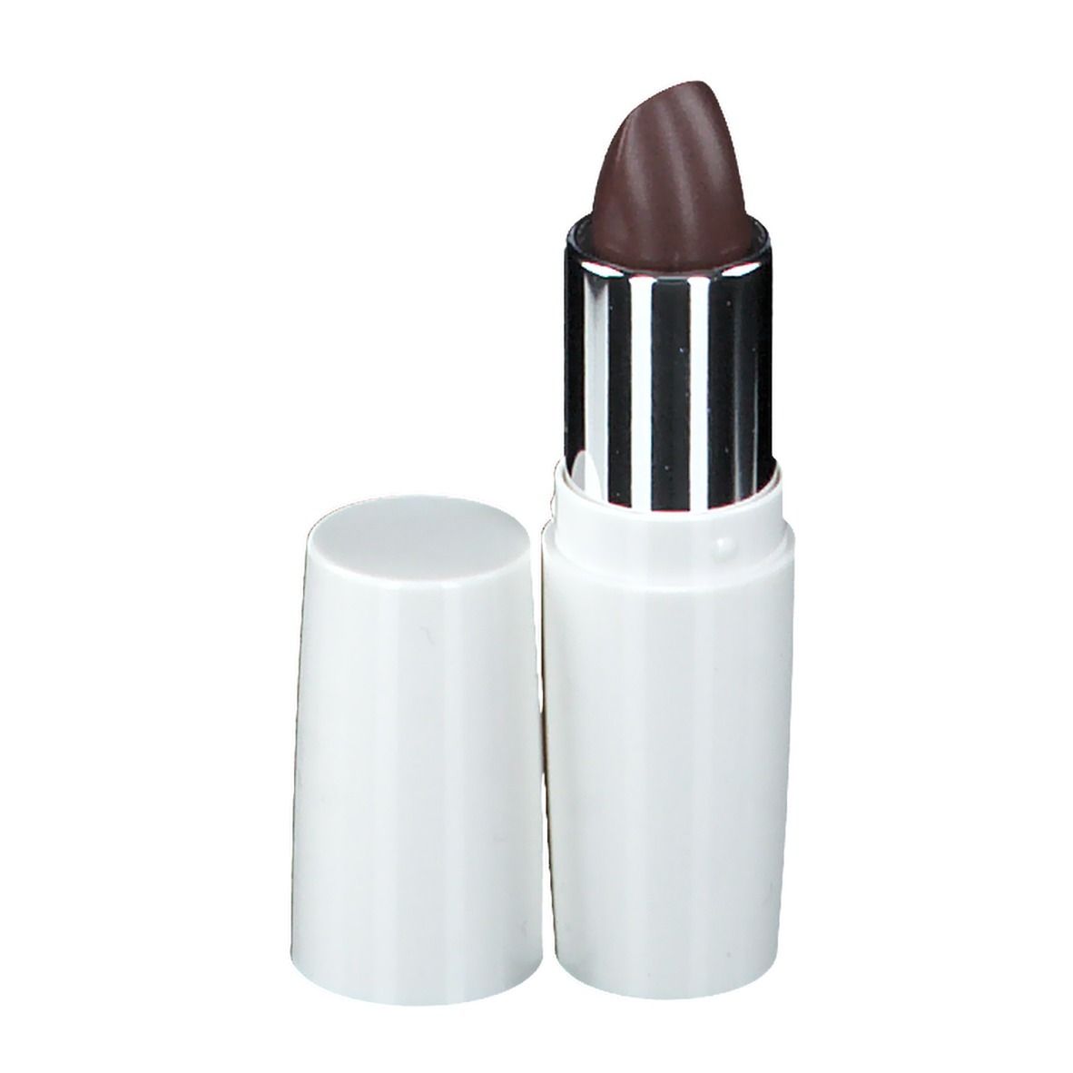 Rouge à lèvres marron clair, pointe arrondie, dans un étui blanc avec bague argentée. Capuchon à côté. "EYE CARE cosmetics" sur le capuchon.