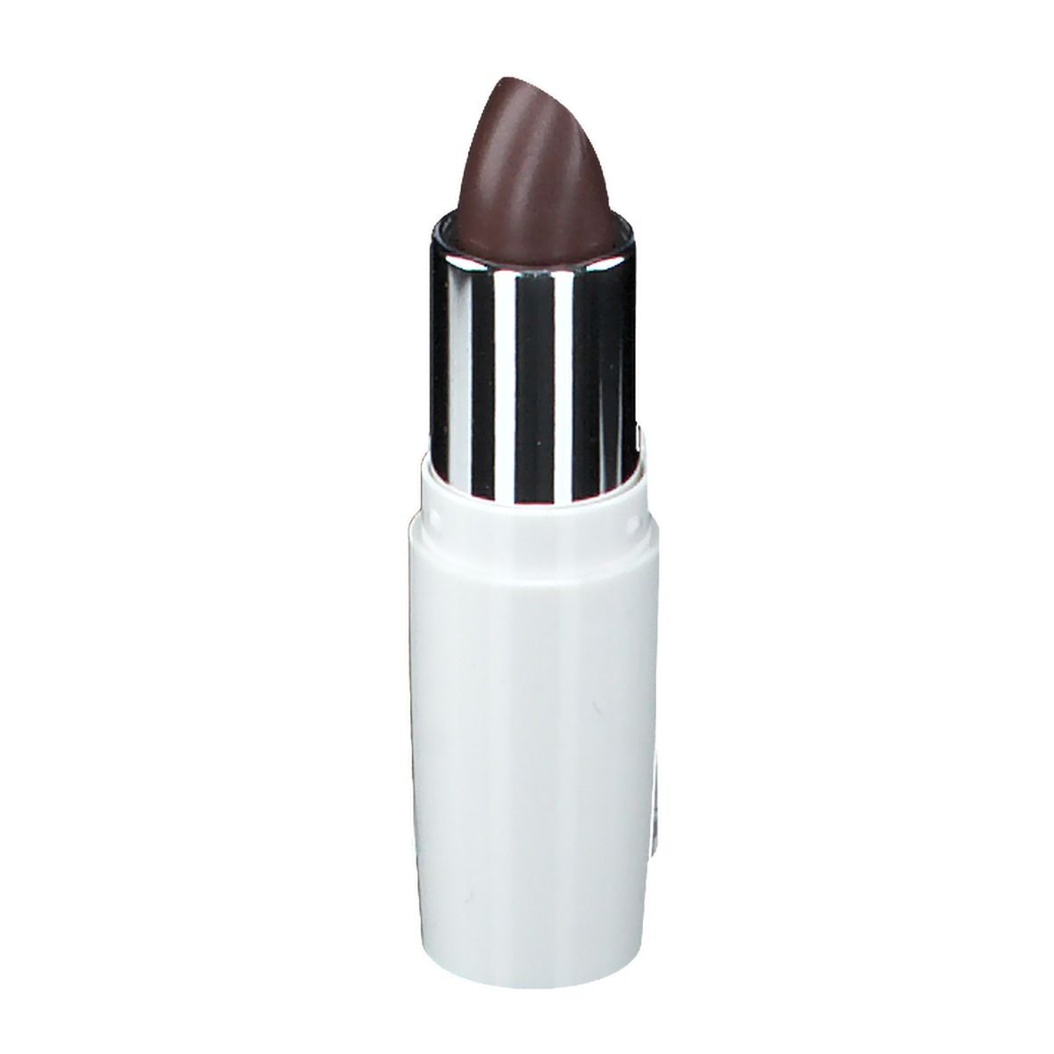 Rouge à lèvres marron clair, pointe arrondie, dans un étui blanc avec bague argentée. Capuchon à côté. "EYE CARE cosmetics" sur le capuchon.