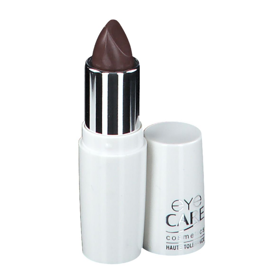 Rouge à lèvres marron clair, pointe arrondie, dans un étui blanc avec bague argentée. Capuchon à côté. "EYE CARE cosmetics" sur le capuchon.