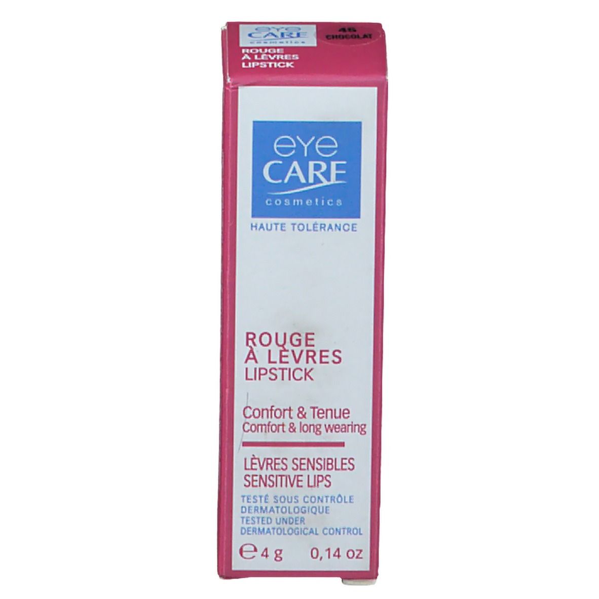 Emballage avec le nom du produit "Rouge à Lèvres Lipstick". Inscription "EYE CARE cosmetics". "4g 0,14 oz" sur l'emballage.